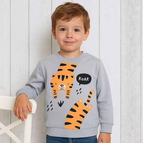 ALG Tigrises szürke kisfiú belül bolyhos extra puha  pulóver