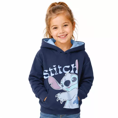Stitch sötétkék unisex kapucnis belül bolyhos pulóver