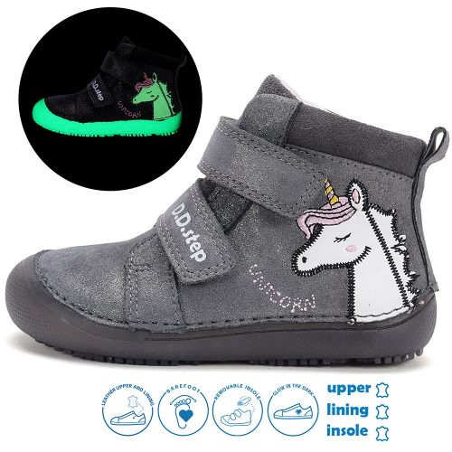 D.D.Step Barefoot Unikornis szürke fluoreszkáló kislány cipő 