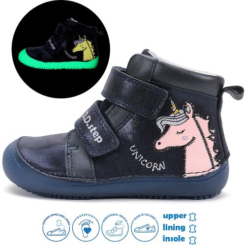 D.D.Step Barefoot Unikornis sötétkék fluoreszkáló kislány cipő 