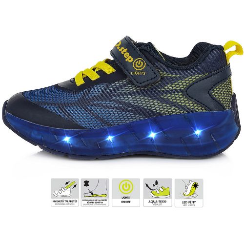 D.D.Step Kék-sárga LED fényű kisfiú sportcipő 