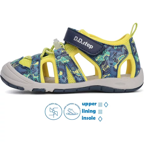 D.D.Step Autós kék-sárga zártorrú Quick Dry kisfiú szandál