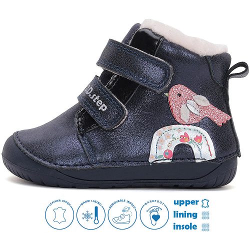 D.D.Step Barefoot Madárkás kék bélelt baba cipő