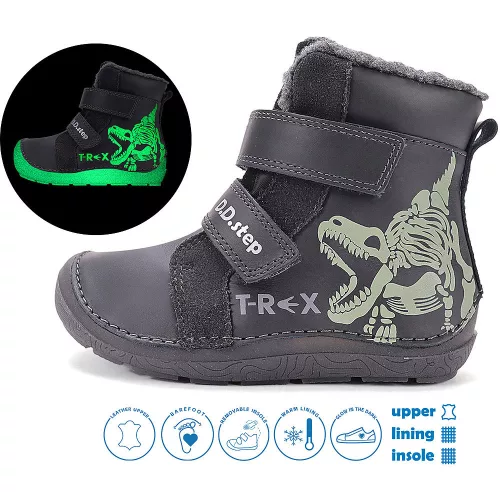 D.D.Step Barefoot T-rex antracit fluoreszkáló bélelt kisfiú cipő